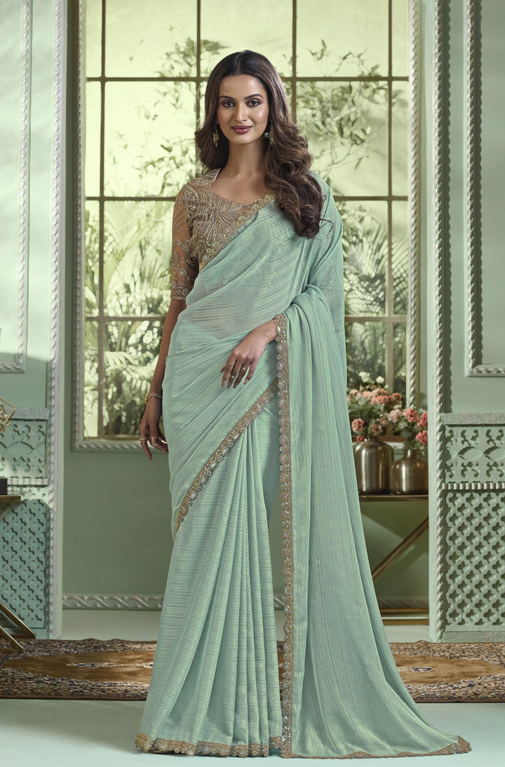 Afternoon Partywear Blue Chiffon SIlk Saree With Embroidered Blouse - Fashion Nation