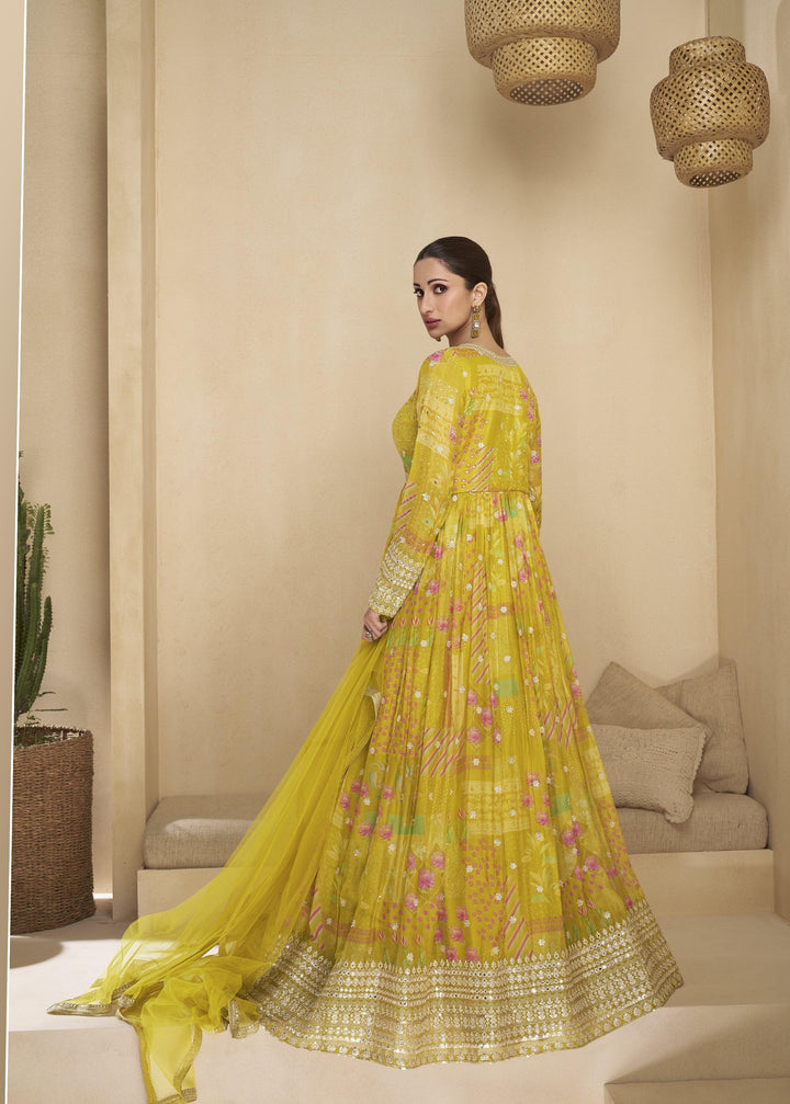 Yellow Haldi Party Ready-to-Wear Georgette Indo Western Anarkali Gown - Fashion Nation