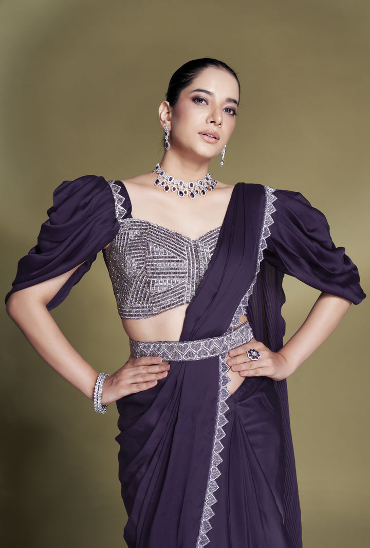 reception partywear saree with belt and crop top
