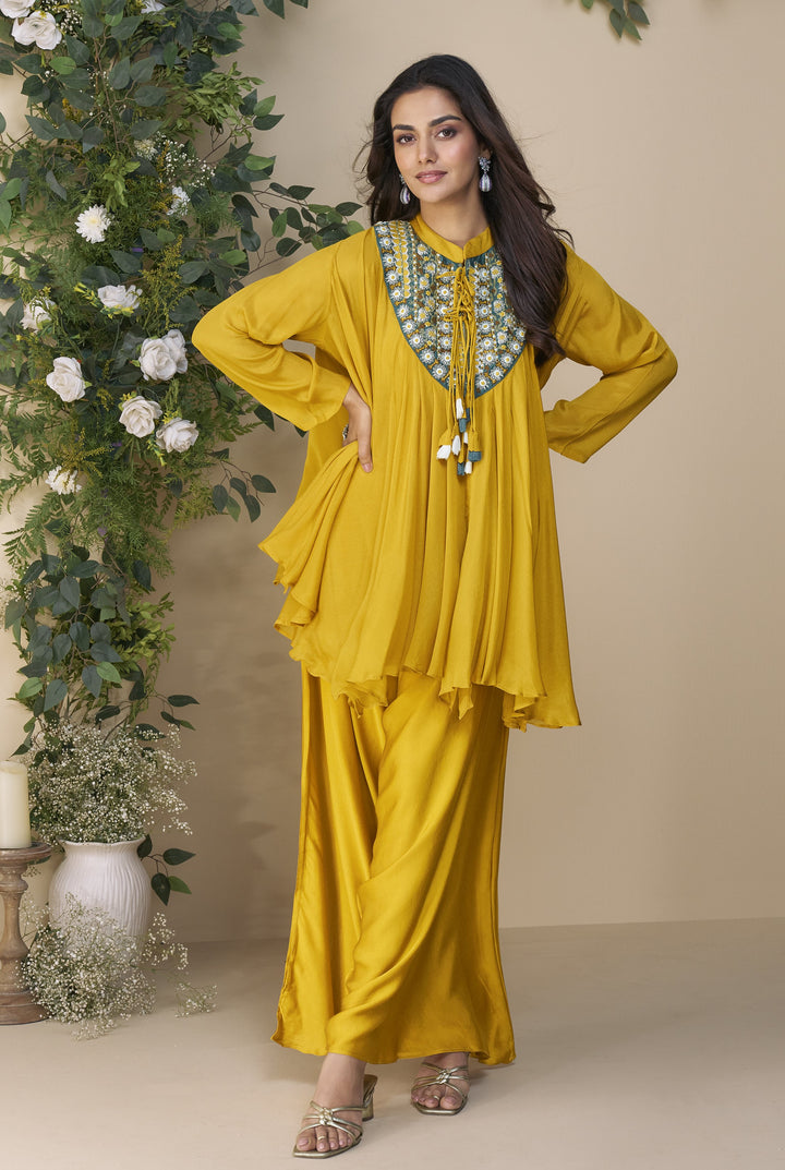 celeb style indo western festive outfit in yellow