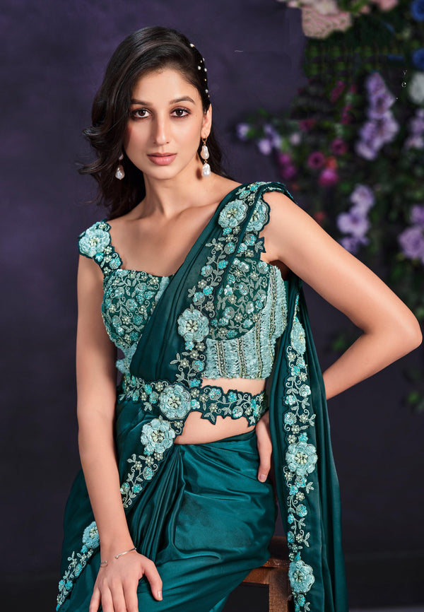 Partywear Emerald Green Crepe Silk Pre-Stitched Saree | Corset Blouse - Fashion Nation