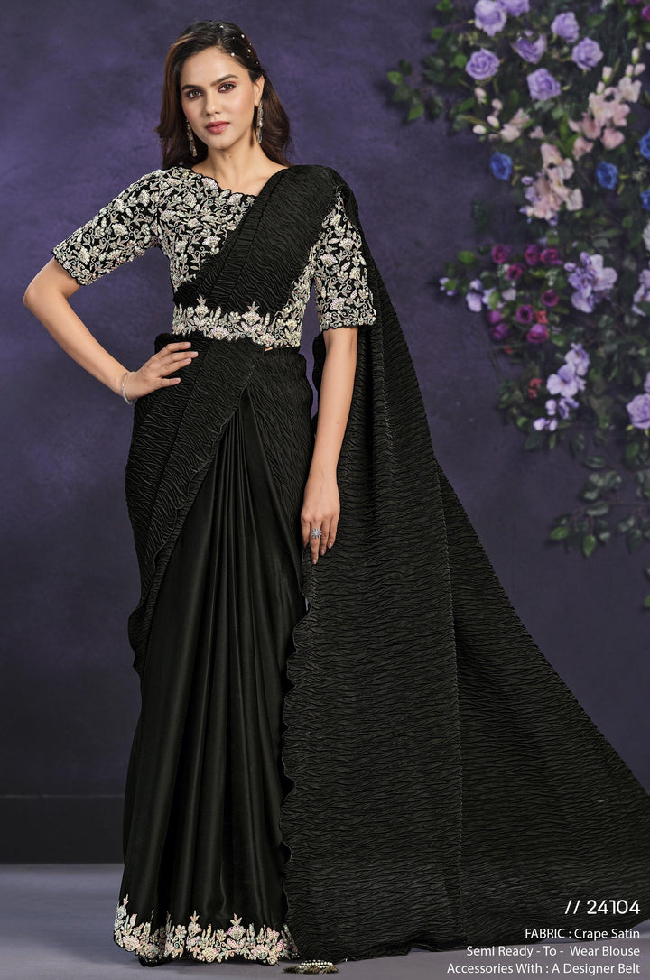 Black Crepe Ready To Wear Fusion Sari With Belt For Cocktail Parties - Fashion Nation