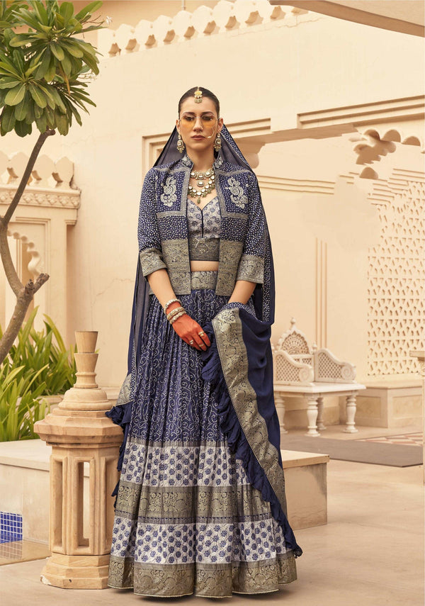 Evening Partywear Blue Silk Designer Bandhej Skirt | Blouse With Shrug - Fashion Nation