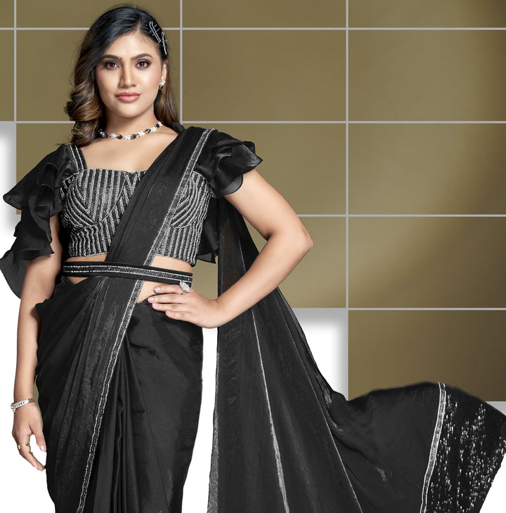 celeb style pre stitched sari with corset blouse and belt