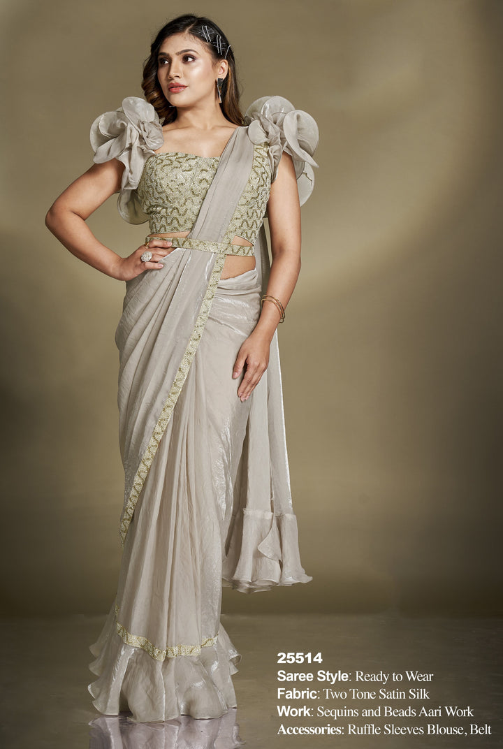 destination wedding wear trendy ruffle sari with crop top