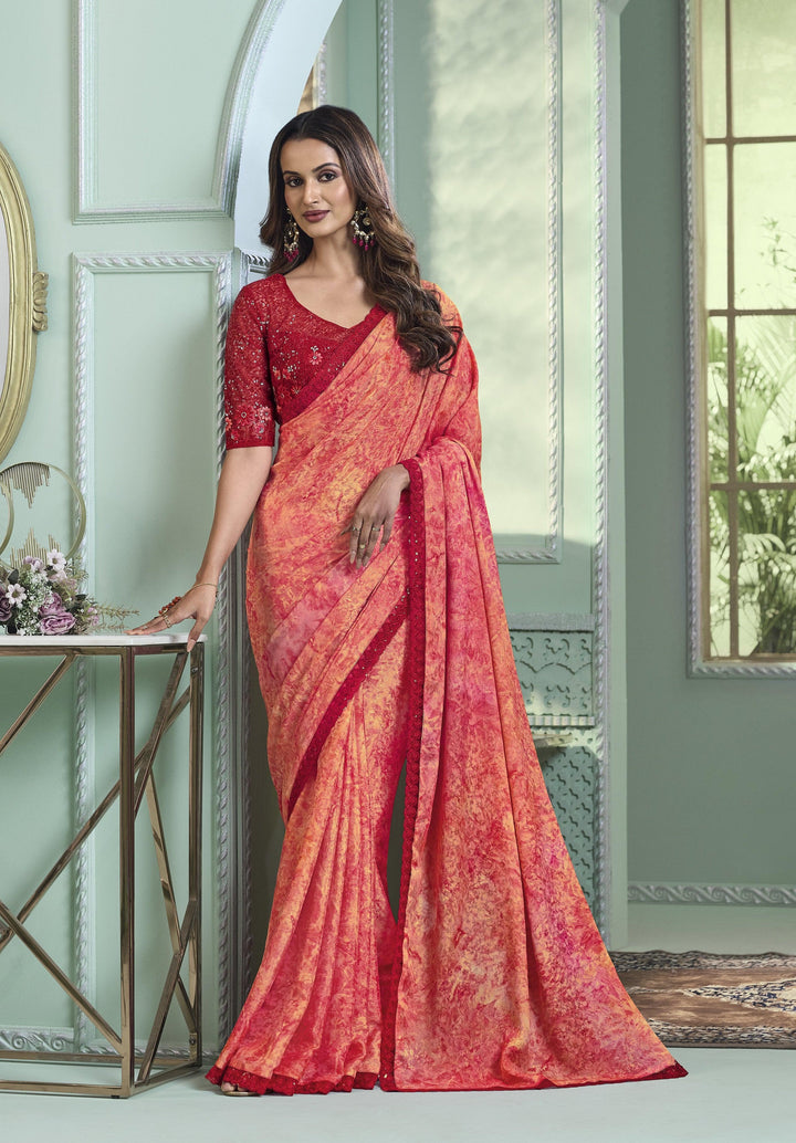 Celebration Wear Multicolor Shaded Chiffon SIlk Saree | Ornated Blouse - Fashion Nation