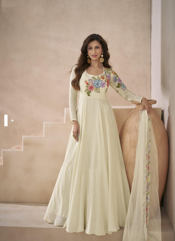 Classy White Silk Designer Occasions Wear Floor Length Anarkali Gown - Fashion Nation