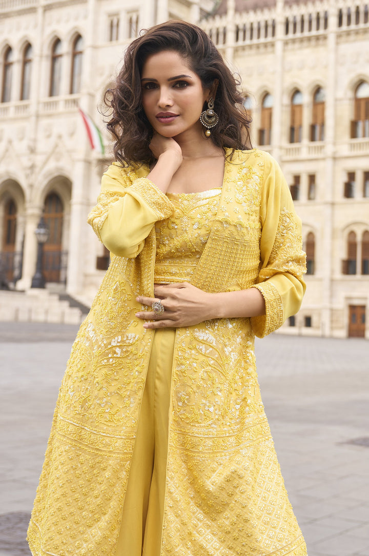 resort day wear crop top palazzo indo western party set in yellow
