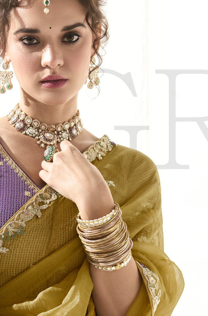 resort day wear party sari with contrast blouse