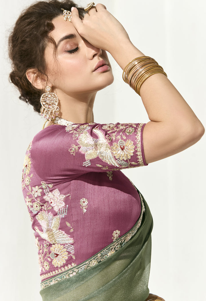 mehendi wear saree in green with pink blouse