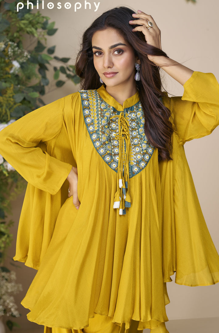 mehendi partywear cape sleeved short uneven kurti with palazzo