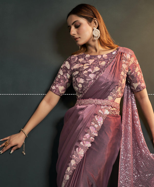 Partywear Purple Silk Crepe Fusion Saree with Belt - Fashion Nation