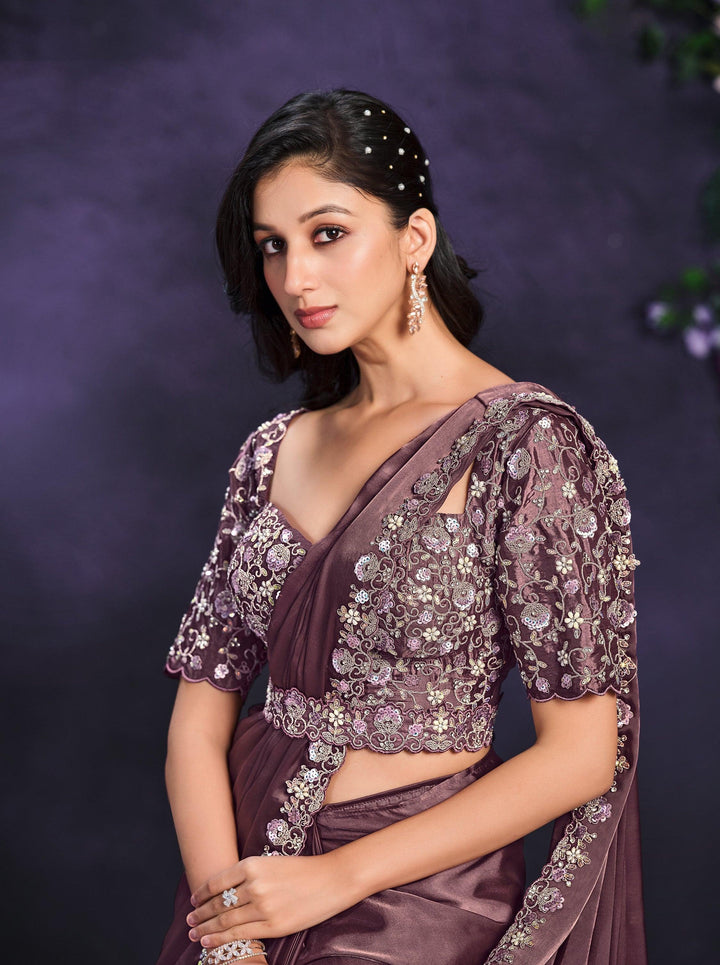 Bridal Partywear Burgundy Satin Designer Readymade Sari | Cutwork Belt - Fashion Nation