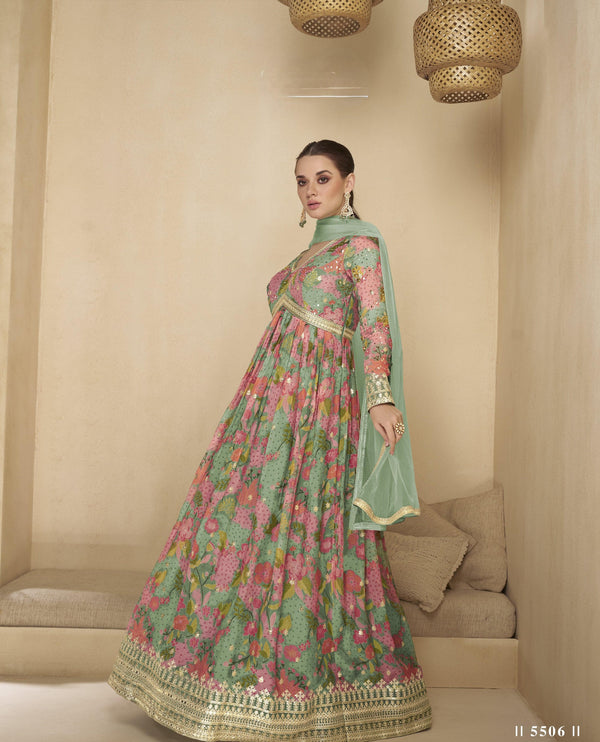 Floral Designer Georgette Readymade Anarkali Gown For Engagement Party - Fashion Nation