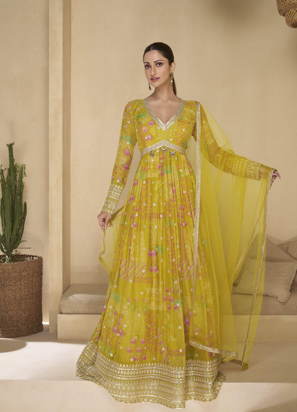 Yellow Haldi Party Ready-to-Wear Georgette Indo Western Anarkali Gown - Fashion Nation