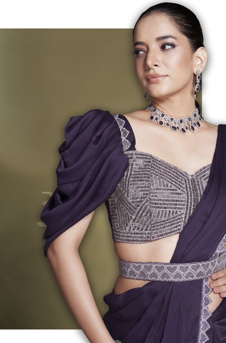 engagement party ready to wear saree with ruffle sleeves corset and belt