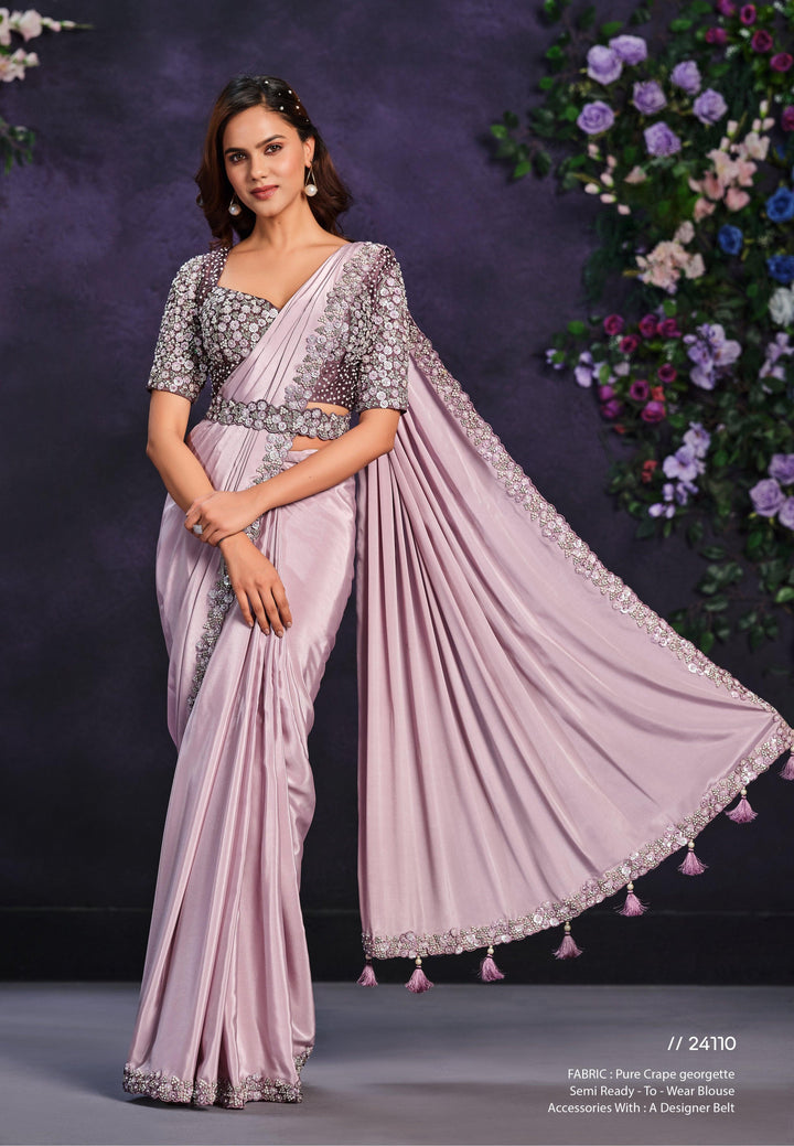 Engagement Wear Lavender Crepe Georgette Pre-Stitched Sari With Belt - Fashion Nation