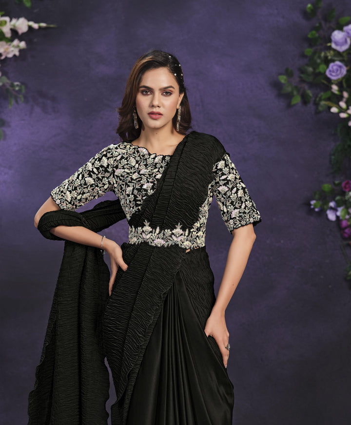 Black Crepe Ready To Wear Fusion Sari With Belt For Cocktail Parties - Fashion Nation