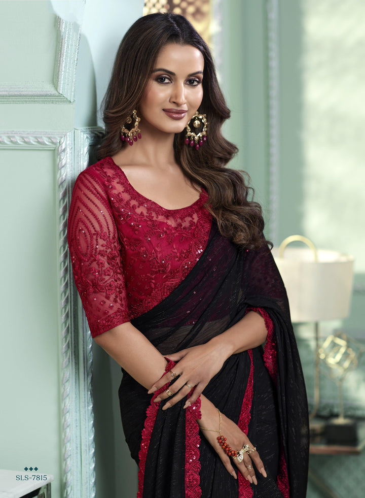 Evening Partywear Black Chiffon Designer Saree With Pink Sequins Blouse - Fashion Nation