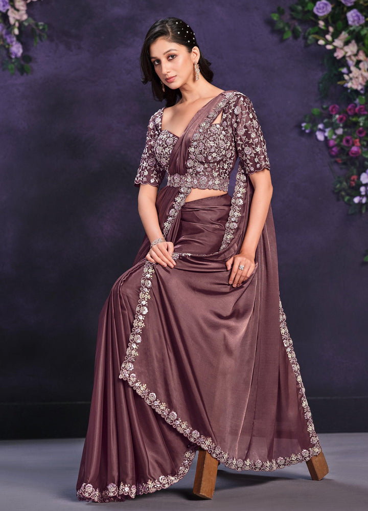 Bridal Partywear Burgundy Satin Designer Readymade Sari | Cutwork Belt - Fashion Nation