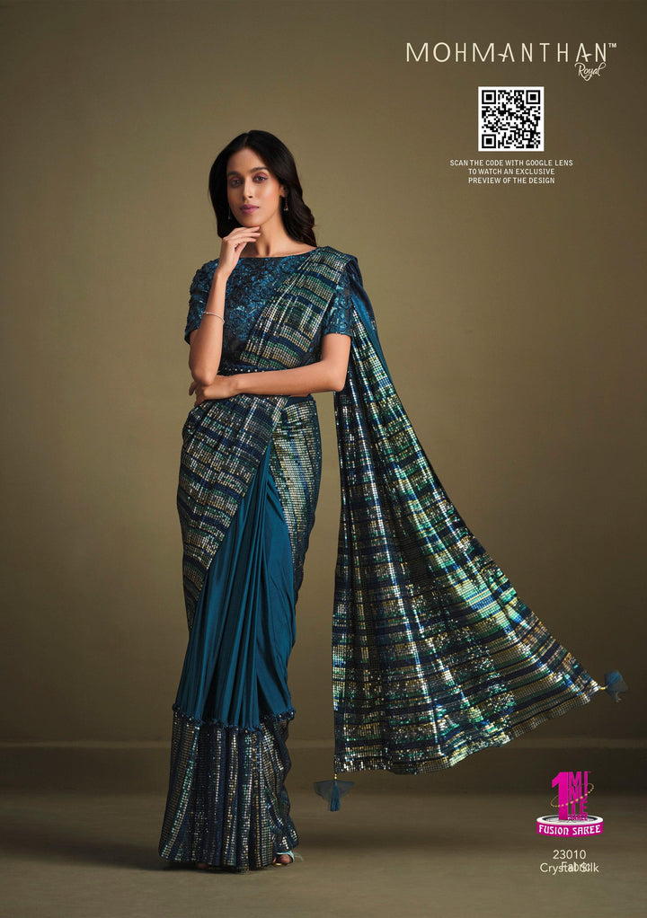 Evening Partywear Silk Fusion Sequined Sari - Fashion Nation