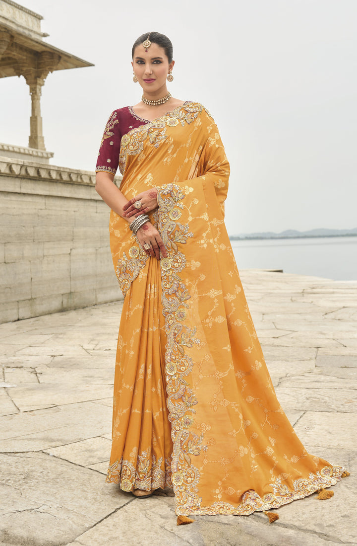 sangeet partywear mustard yellow jacquard sari