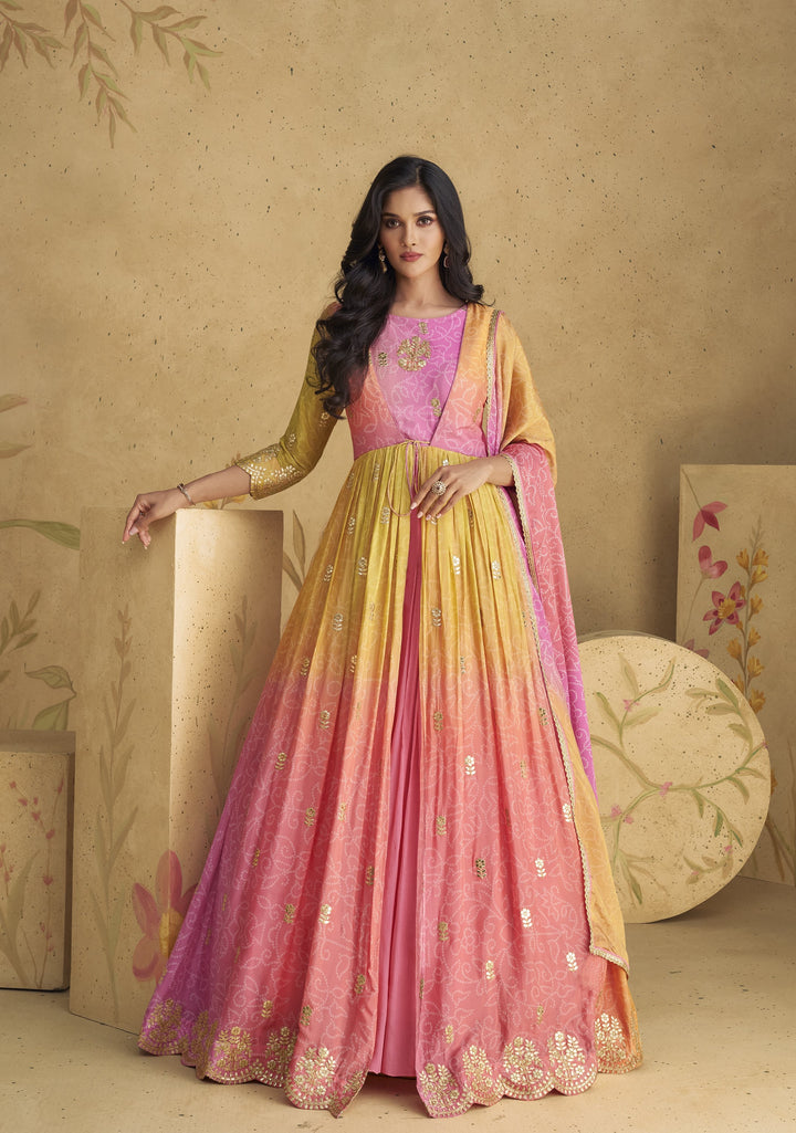 shaded rajasthani tie dye print jacket style anarkali