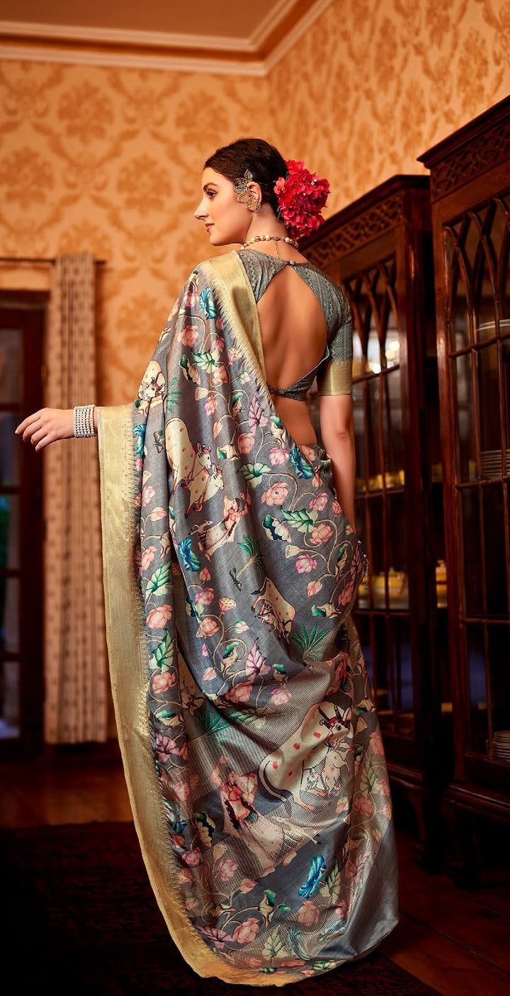 indian heritage art cow lotus printed sari