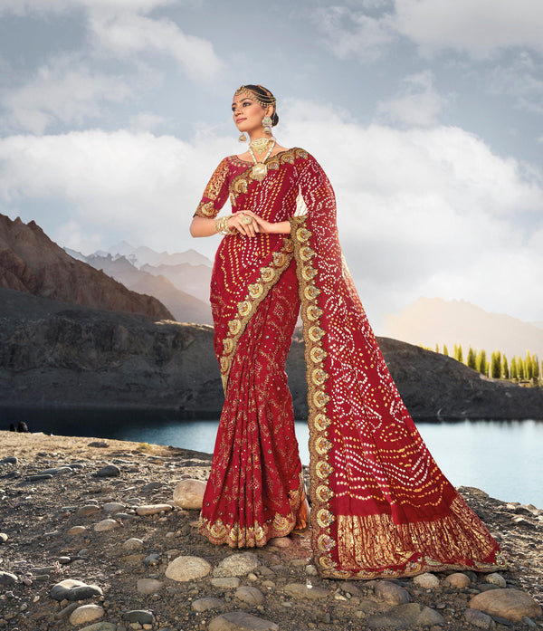 Marriage Wear Maroon Bandhej Gajji Kutchi Work Saree - Fashion Nation