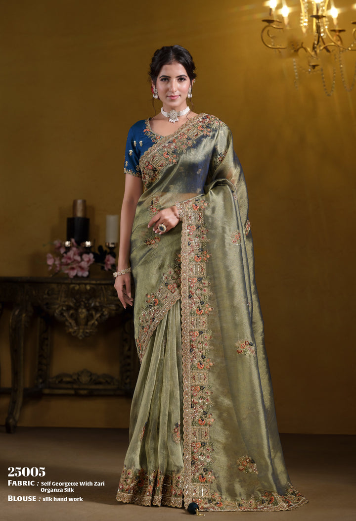 sangeet partywear ethnic silk saree wth contrast blouse