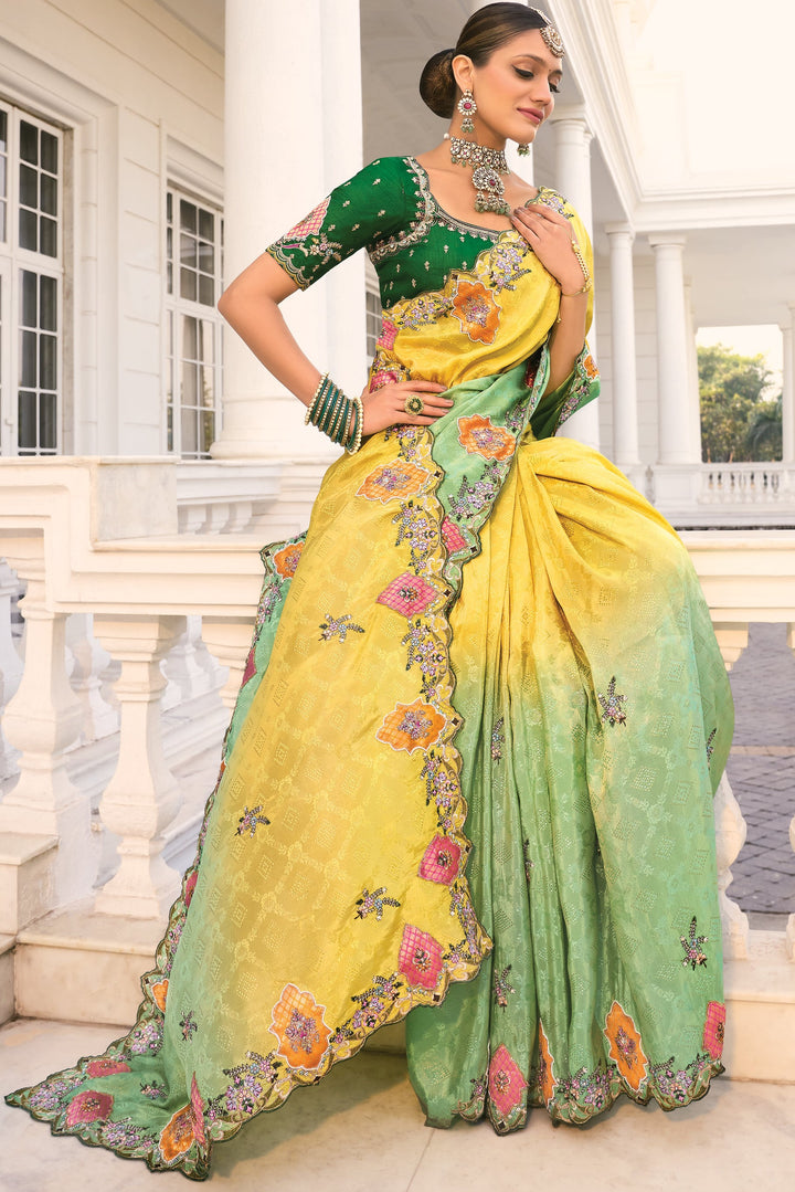 celebrity partywear shaded zari work saree