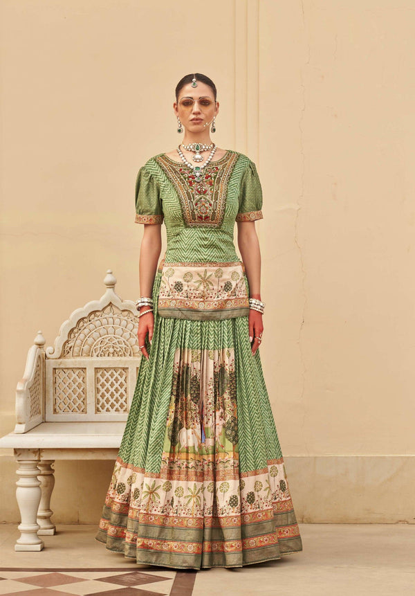 Mehendi Wear Green Pichwai Print Silk Jaipuri Lehenga | Rajputi Blouse - Fashion Nation