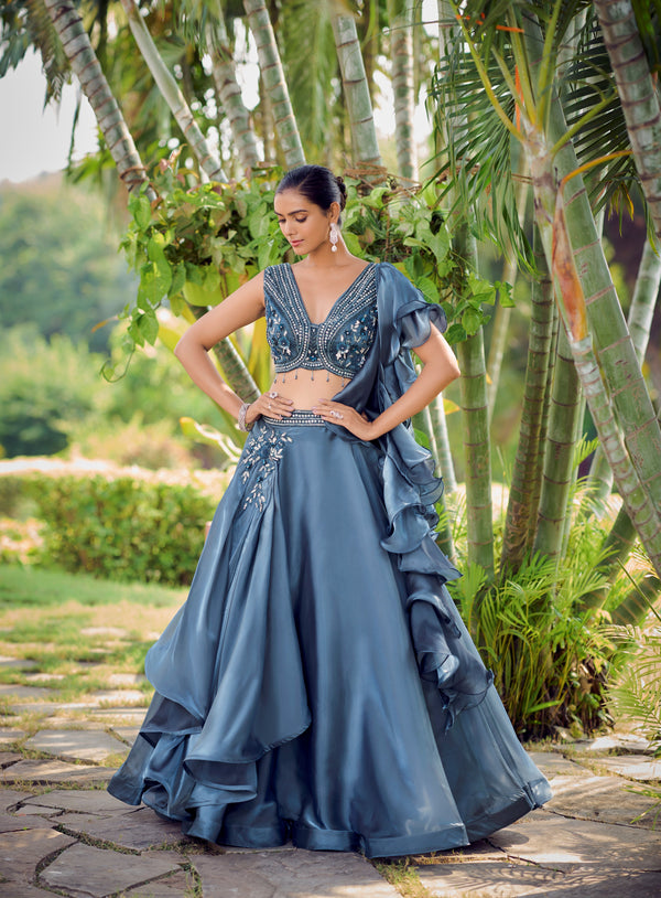 Engagement Wear Blue Silk Layered Skirt & Crop Top Set - Fashion Nation