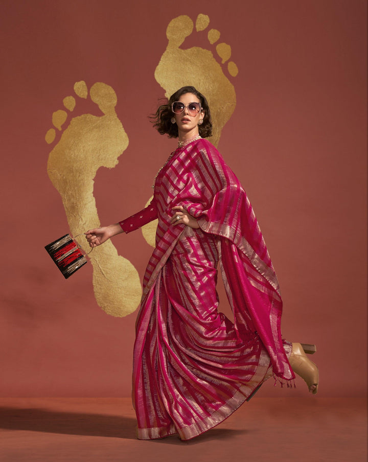 Festive Pink Handloom Silk Indian Traditional Shaadi Wear Weaving Sari - Fashion Nation