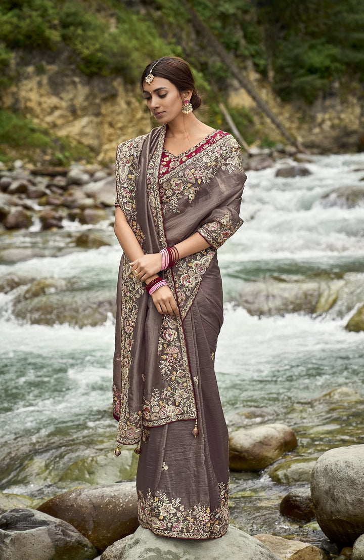 wedding wear grey silk designer sari