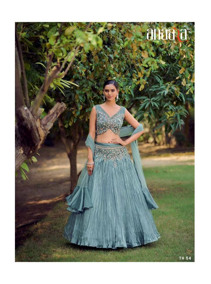 Sangeet Wear Blue Silk Crushed Skirt & Crop Top - Fashion Nation