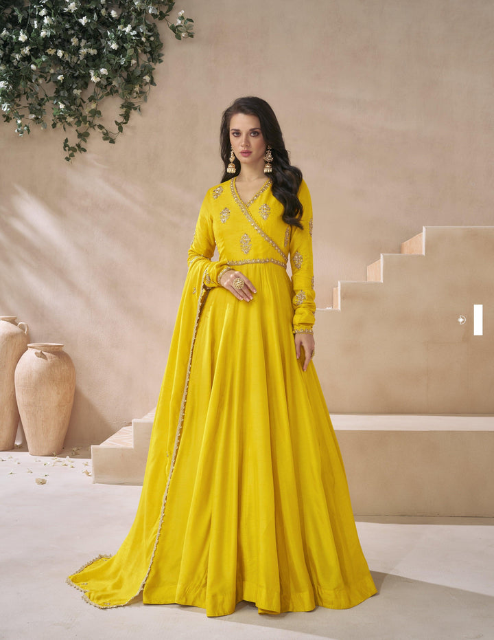 Yellow Silk Stitched Fusion Fashion Angarkha Haldi Partywear Long Gown - Fashion Nation