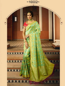 Traditional VRI10002 Bridal Aqua Green Pink Silk Saree - Fashion Nation