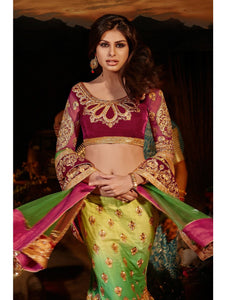 N10006 - Green Satin Velvet Lehenga - Fashion Nation