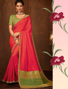 Colourful IW10212 Green Banarasi Pink Raw Silk Saree - Fashion Nation