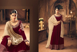 Stylish Indo Western K102564 Maroon Velvet Anarkali Gown - Fashion Nation