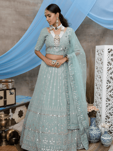 Embroidered Dusty Green Georgette Lehenga Choli by Fashion Nation