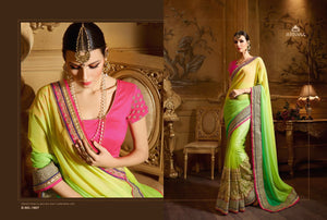 Colourful NIR1807 Designer Shaded Green Yellow Net Chiffon Saree - Fashion Nation