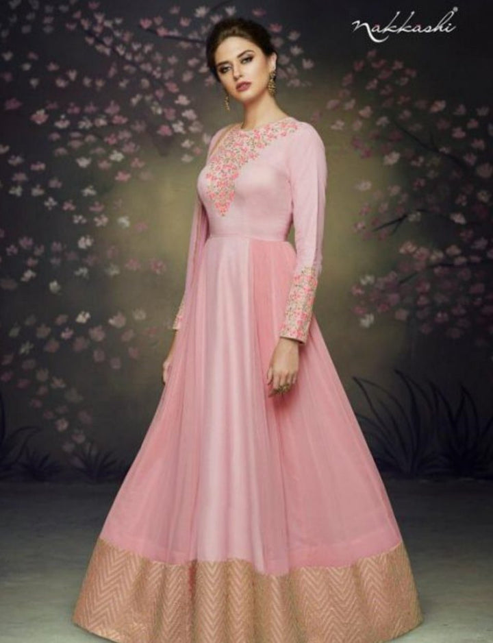 Indo Western NAK3075 Nakkashi Special Pink Satin Silk Anarkali Gown - Fashion Nation