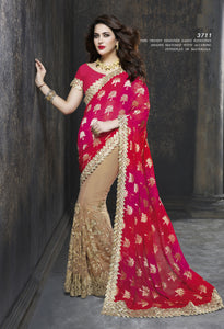 ME3711 Designer Beige Shaded Red Pink Net Chiffon Saree - Fashion Nation