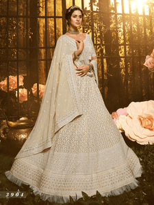 Dainty White Georgette Lucknowi Lehenga Choli by Fashion Nation