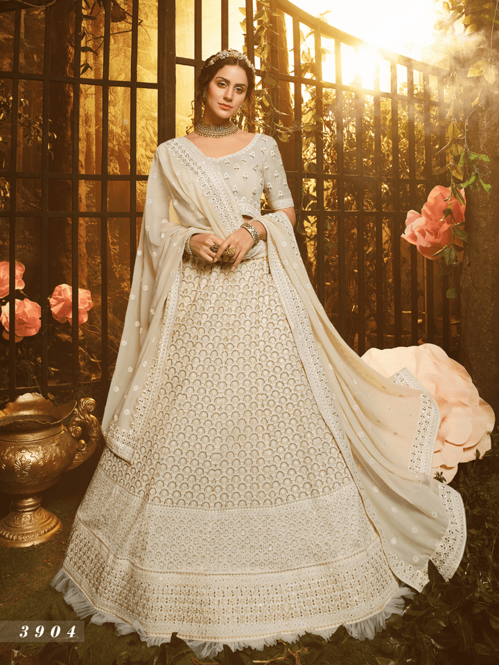 Dainty White Georgette Lucknowi Lehenga Choli - Fashion Nation