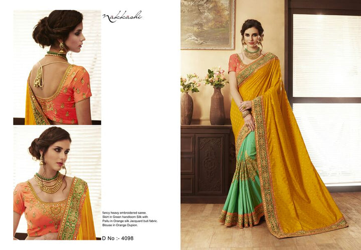 Bridal Orange Silk Jacquard Green Handloom Saree - Fashion Nation