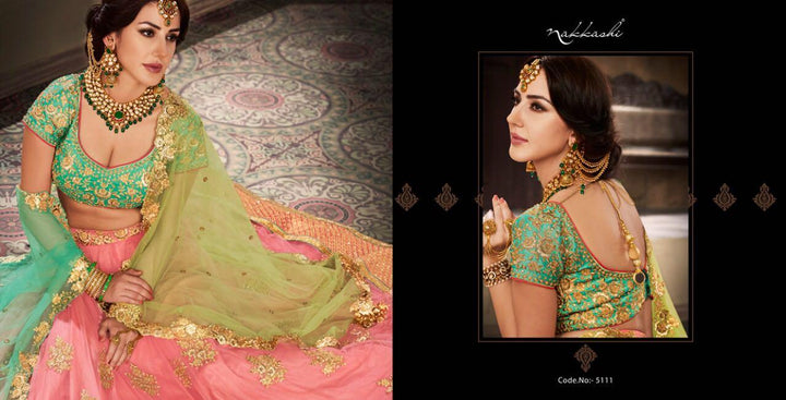 Festive NAK5111 Bridal Rama Green Peach Net Silk Lehenga Choli - Fashion Nation