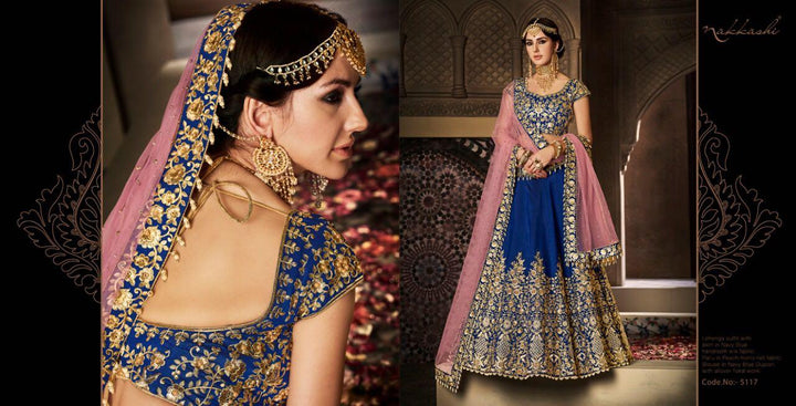 Evergreen NAK5117 Bridal Navy Blue Pink Handloom Silk Net Lehenga Choli - Fashion Nation